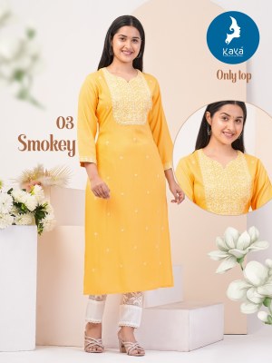 Smokey by Kaya super reyon with dori work fancy kurti catalogue at affordable rate kurtis catalogs