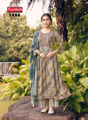 Sona vol 3 by Taniksh Capsual reyon printed embroidered readymade suit catalogue at affordable rate readymade suit catalogs