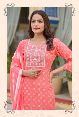 Spotlight by Rangmaya reyon slub printed kurti pant and dupatta catalogue at low rate readymade suit catalogs