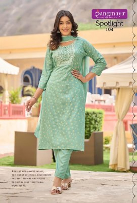 Spotlight by Rangmaya reyon slub printed kurti pant and dupatta catalogue at low rate readymade suit catalogs