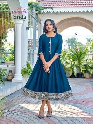 Srida by Aanchi Flair Kali Cut Embroidered Kurti collection with affordable rate kurtis catalogs