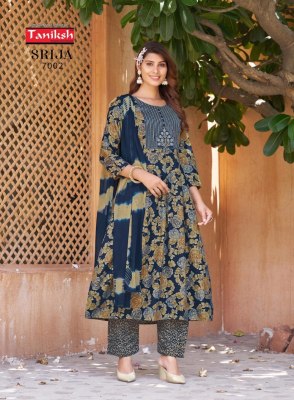 Srija vol 7 by Taniksh reyon printed embroidered kurti pant and dupatta catalogue at affordable rate readymade suit catalogs