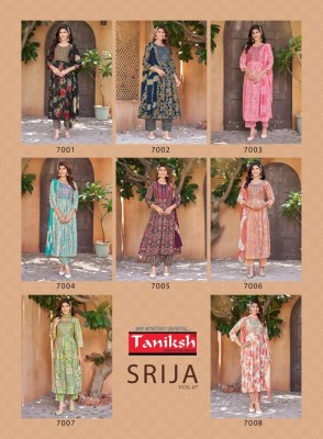 Srija vol 7 by Taniksh reyon printed embroidered kurti pant and dupatta catalogue at affordable rate readymade suit catalogs