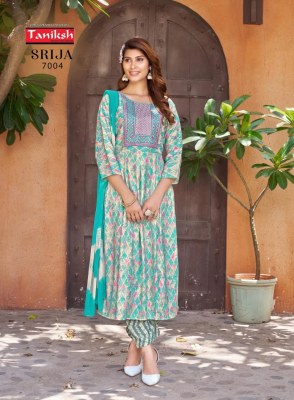 Srija vol 7 by Taniksh reyon printed embroidered kurti pant and dupatta catalogue at affordable rate readymade suit catalogs