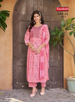 Srija vol 7 by Taniksh reyon printed embroidered kurti pant and dupatta catalogue at affordable rate readymade suit catalogs