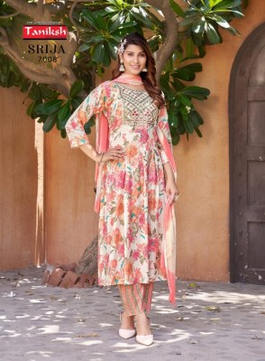 Srija vol 7 by Taniksh reyon printed embroidered kurti pant and dupatta catalogue at affordable rate readymade suit catalogs