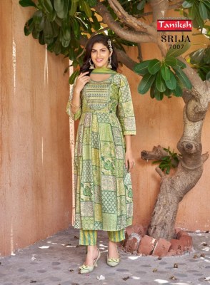 Srija vol 7 by Taniksh reyon printed embroidered kurti pant and dupatta catalogue at affordable rate readymade suit catalogs