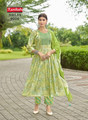 Srija vol 9 by Taniksh Neck Embroidered Reyon Foil Printed Anarkali Suit Catalogue at affordable rate fancy Anarkali suit catalogs