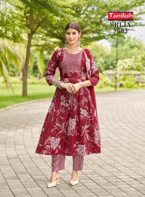 Srija vol 9 by Taniksh Neck Embroidered Reyon Foil Printed Anarkali Suit Catalogue at affordable rate fancy Anarkali suit catalogs