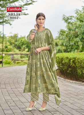 Srija vol 9 by Taniksh Neck Embroidered Reyon Foil Printed Anarkali Suit Catalogue at affordable rate fancy Anarkali suit catalogs