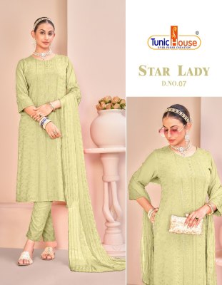 Star Lady by Tunic house fully chikankari reyon kurti pant and dupatta catalogue at affordable rate Tunic house 