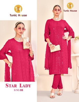 Star Lady by Tunic house fully chikankari reyon kurti pant and dupatta catalogue at affordable rate readymade suit catalogs