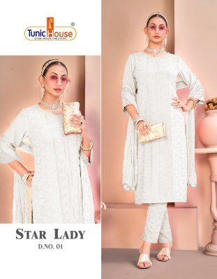 Star Lady by Tunic house fully chikankari reyon kurti pant and dupatta catalogue at affordable rate readymade suit catalogs