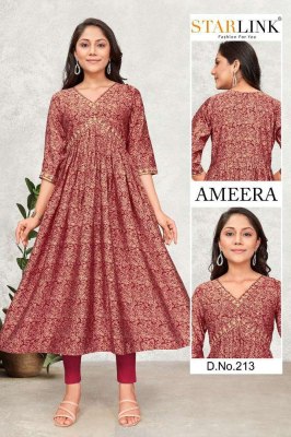 Starlink new launch ameera modal silk embroidery work aliya cute long gown Kurti wholesaler price 
