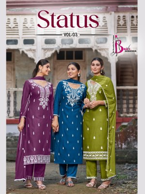 Status vol 3 by Bhavi Designer Heavy Reyon Fancy Work Kurti pant and dupatta at wholesale rate 