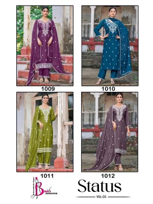 Status vol 3 by Bhavi Designer Heavy Reyon Fancy Work Kurti pant and dupatta at wholesale rate readymade suit catalogs