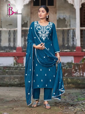 Status vol 3 by Bhavi Designer Heavy Reyon Fancy Work Kurti pant and dupatta at wholesale rate readymade suit catalogs