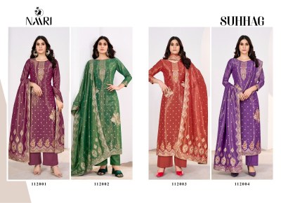 Suhaag by Naari Pure simmer jacquard handwork unstitched suit catalogue at affordable rate  dress material catalogs