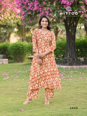 Sulekha vol 2 by Mittoo Reyon Printed top and pant with pocket collection in budget price kurtis catalogs
