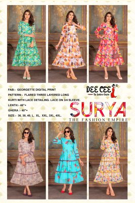 Surya by Deecee georgette digital printed flared three layered long kurti catalogue at affordable rate   kurtis catalogs