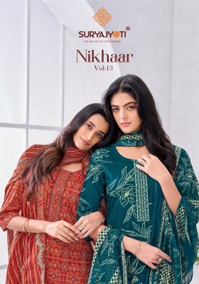Suryajyoti Nikhaar Vol 13 Pure Cotton Kurti Pant with Dupatta Printed And Neck Embroidery Tie Work Wholesale Suryajyoti suits