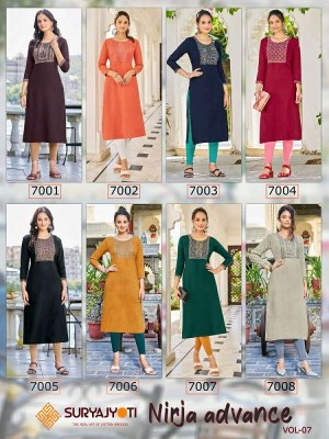  Suryajyoti Nirja Advance Vol 7 pure rayon cotton printed neck embroidery work Kurti wholesaler  kurtis catalogs