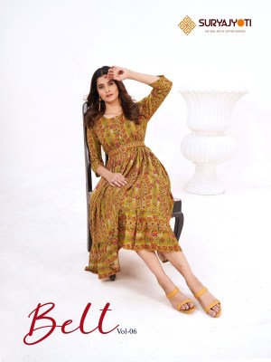 Suryajyoti by Belt vol 6 fancy reyon foil printed kurti with belt catalogue at affordable rate Suryajyoti suits