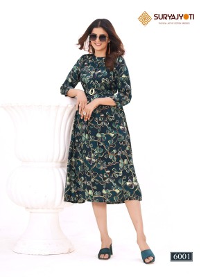 Suryajyoti by Belt vol 6 fancy reyon foil printed kurti with belt catalogue at affordable rate kurtis catalogs