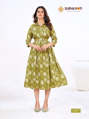 Suryajyoti by Belt vol 6 fancy reyon foil printed kurti with belt catalogue at affordable rate kurtis catalogs