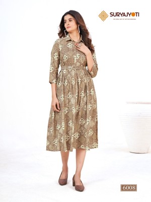 Suryajyoti by Belt vol 6 fancy reyon foil printed kurti with belt catalogue at affordable rate kurtis catalogs