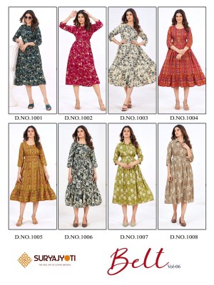 Suryajyoti by Belt vol 6 fancy reyon foil printed kurti with belt catalogue at affordable rate kurtis catalogs