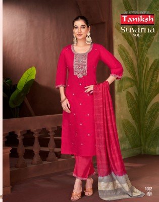 Suvarna vol 1 by Taniksh Fancy Roman Embroidered Kurti pant and dupatta catalogue at affordable rate readymade suit catalogs