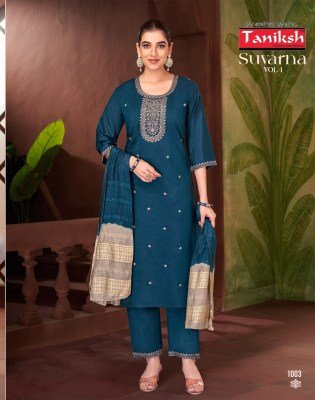 Suvarna vol 1 by Taniksh Fancy Roman Embroidered Kurti pant and dupatta catalogue at affordable rate readymade suit catalogs