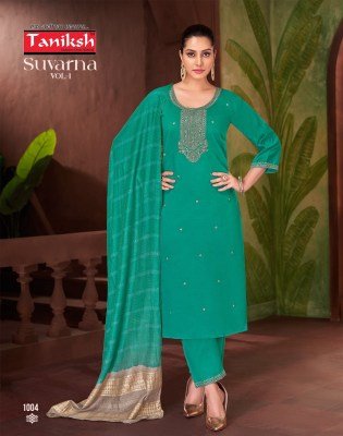 Suvarna vol 1 by Taniksh Fancy Roman Embroidered Kurti pant and dupatta catalogue at affordable rate readymade suit catalogs