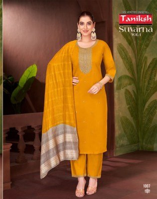 Suvarna vol 1 by Taniksh Fancy Roman Embroidered Kurti pant and dupatta catalogue at affordable rate readymade suit catalogs