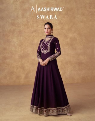 Swara by Aashirwad Premium Long flared neck embroidered Gown with dupatta catalogue gown catalogs