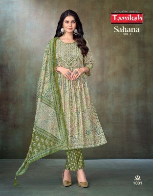 Taniksh Sahana Vol 1 Muslin Nyra Cut Kurti Set Readymade Suit with Embroidery And Digital Dupatta Wholesale readymade suit catalogs