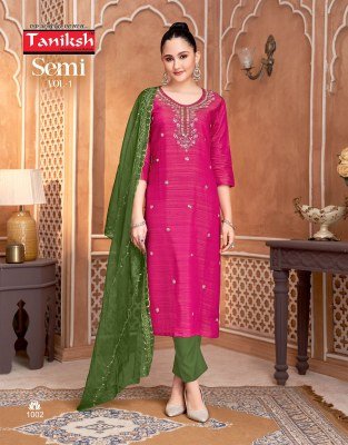 Taniksh Semi Vol 1 Readymade Set Vertican Simmer Top with Handwork Vertican Pant Pure Cotton Lining And Organza Work Dupatta Wholesale kurti pant with dupatta Catalogs