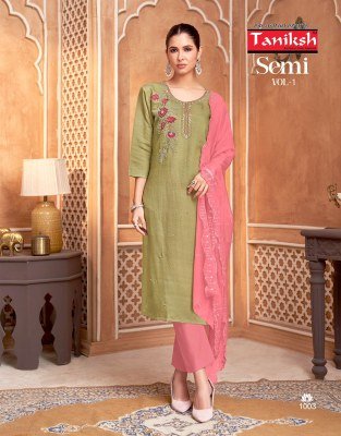 Taniksh Semi Vol 1 Readymade Set Vertican Simmer Top with Handwork Vertican Pant Pure Cotton Lining And Organza Work Dupatta Wholesale kurti pant with dupatta Catalogs
