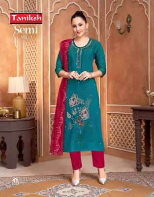 Taniksh Semi Vol 1 Readymade Set Vertican Simmer Top with Handwork Vertican Pant Pure Cotton Lining And Organza Work Dupatta Wholesale kurti pant with dupatta Catalogs