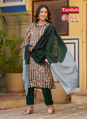 Taniksh by Shefali vol 1 reyon embroidered kurti pant and dupatta catalogue at low rate readymade suit catalogs