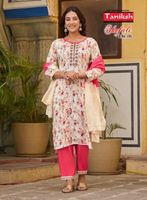 Taniksh by Shefali vol 1 reyon embroidered kurti pant and dupatta catalogue at low rate readymade suit catalogs