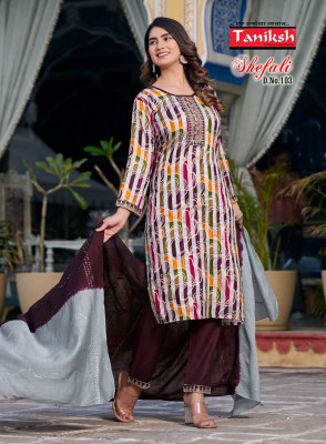 Taniksh by Shefali vol 1 reyon embroidered kurti pant and dupatta catalogue at low rate readymade suit catalogs