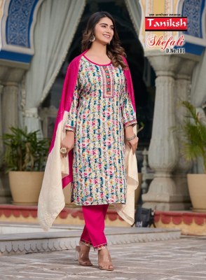 Taniksh by Shefali vol 1 reyon embroidered kurti pant and dupatta catalogue at low rate readymade suit catalogs