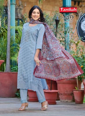 Taniksh by Softy vol 1 fancy muslin chifli work readymade suit catalogue at affordable rate readymade suit catalogs