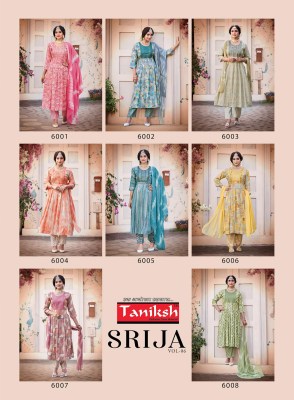 Taniksh by Srija vol 6 reyon printed flaired kurti pant and dupatta catalogue at low rate readymade suit catalogs