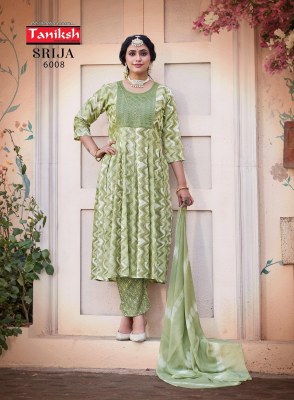 Taniksh by Srija vol 6 reyon printed flaired kurti pant and dupatta catalogue at low rate readymade suit catalogs