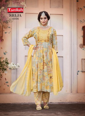 Taniksh by Srija vol 6 reyon printed flaired kurti pant and dupatta catalogue at low rate readymade suit catalogs