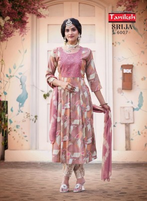 Taniksh by Srija vol 6 reyon printed flaired kurti pant and dupatta catalogue at low rate readymade suit catalogs