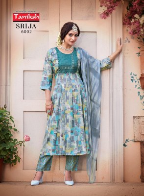 Taniksh by Srija vol 6 reyon printed flaired kurti pant and dupatta catalogue at low rate readymade suit catalogs